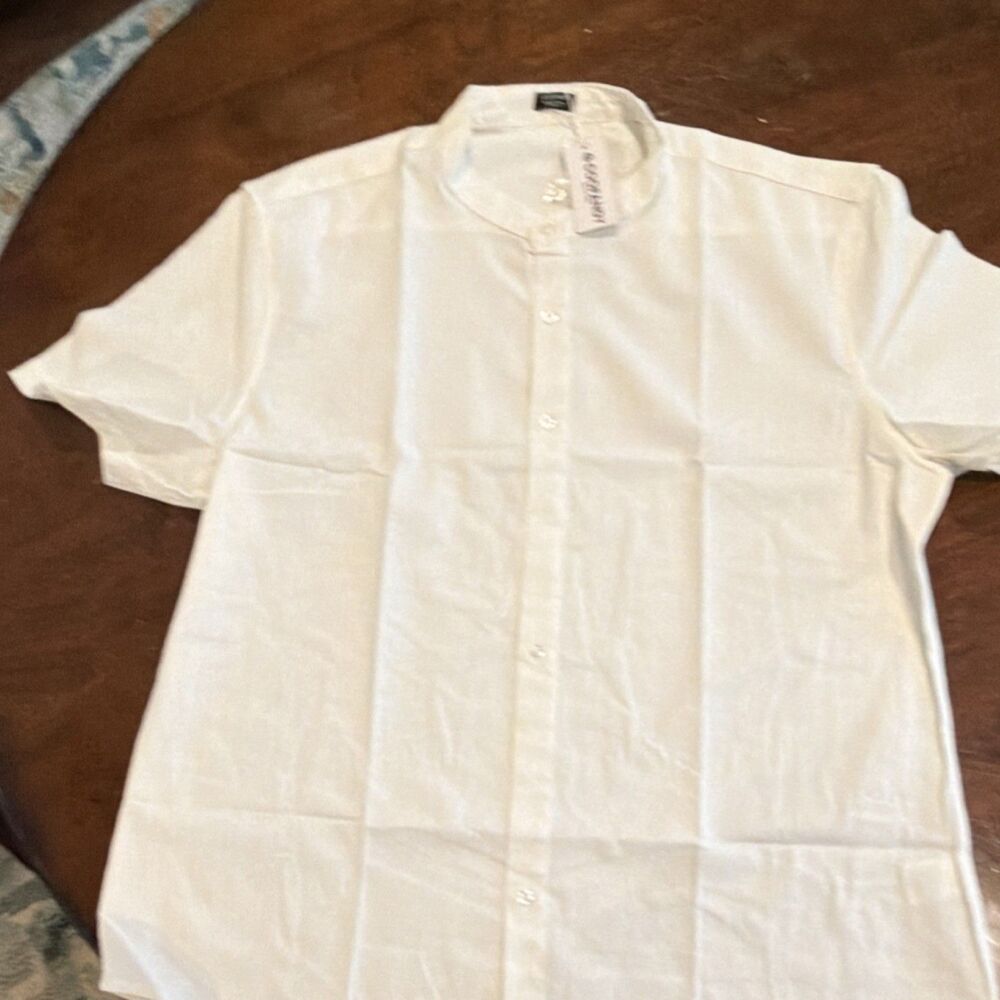 COOFANDY Solid White Woven Button-Up Shirt Band Collar Short Sleeve XL Men